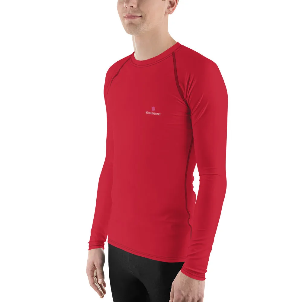 Red Solid Color Men's Top, Best Men's Rash Guard UPF 50  Long Sleeves Designer Polyester Spandex Sportswear