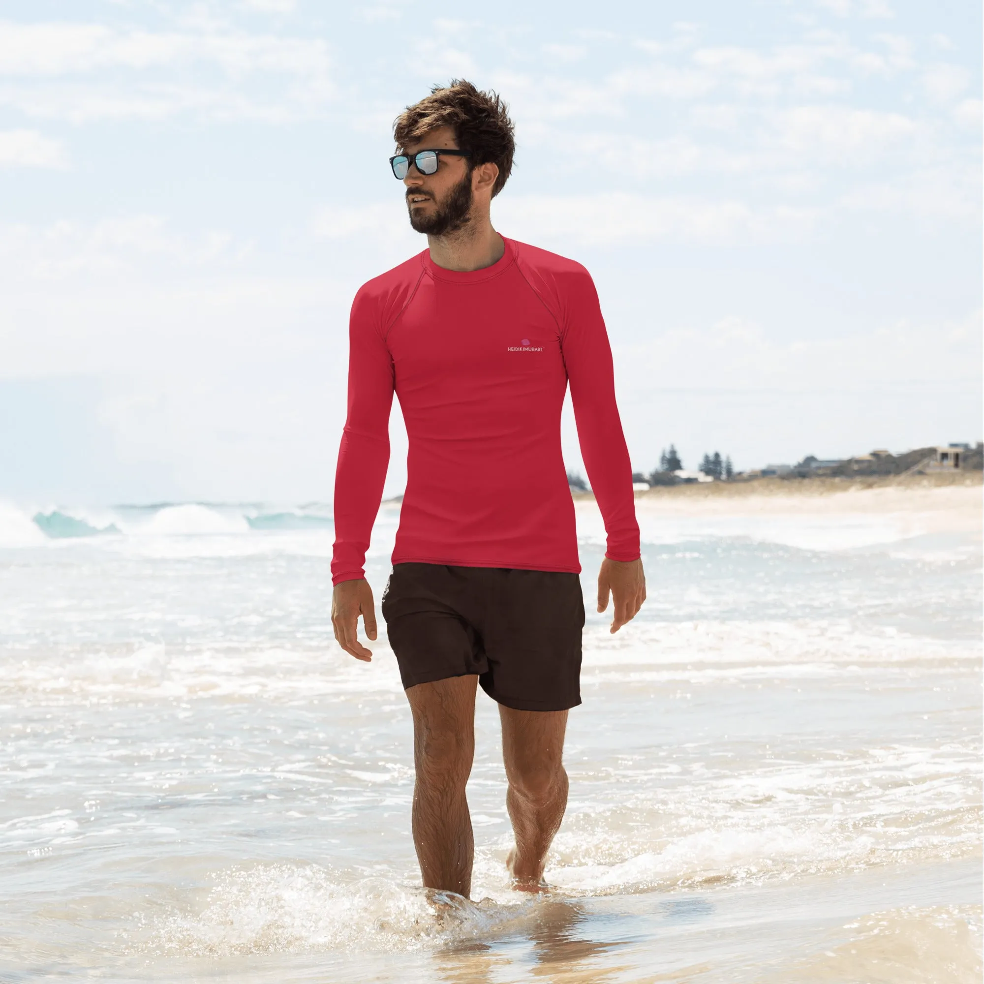 Red Solid Color Men's Top, Best Men's Rash Guard UPF 50  Long Sleeves Designer Polyester Spandex Sportswear