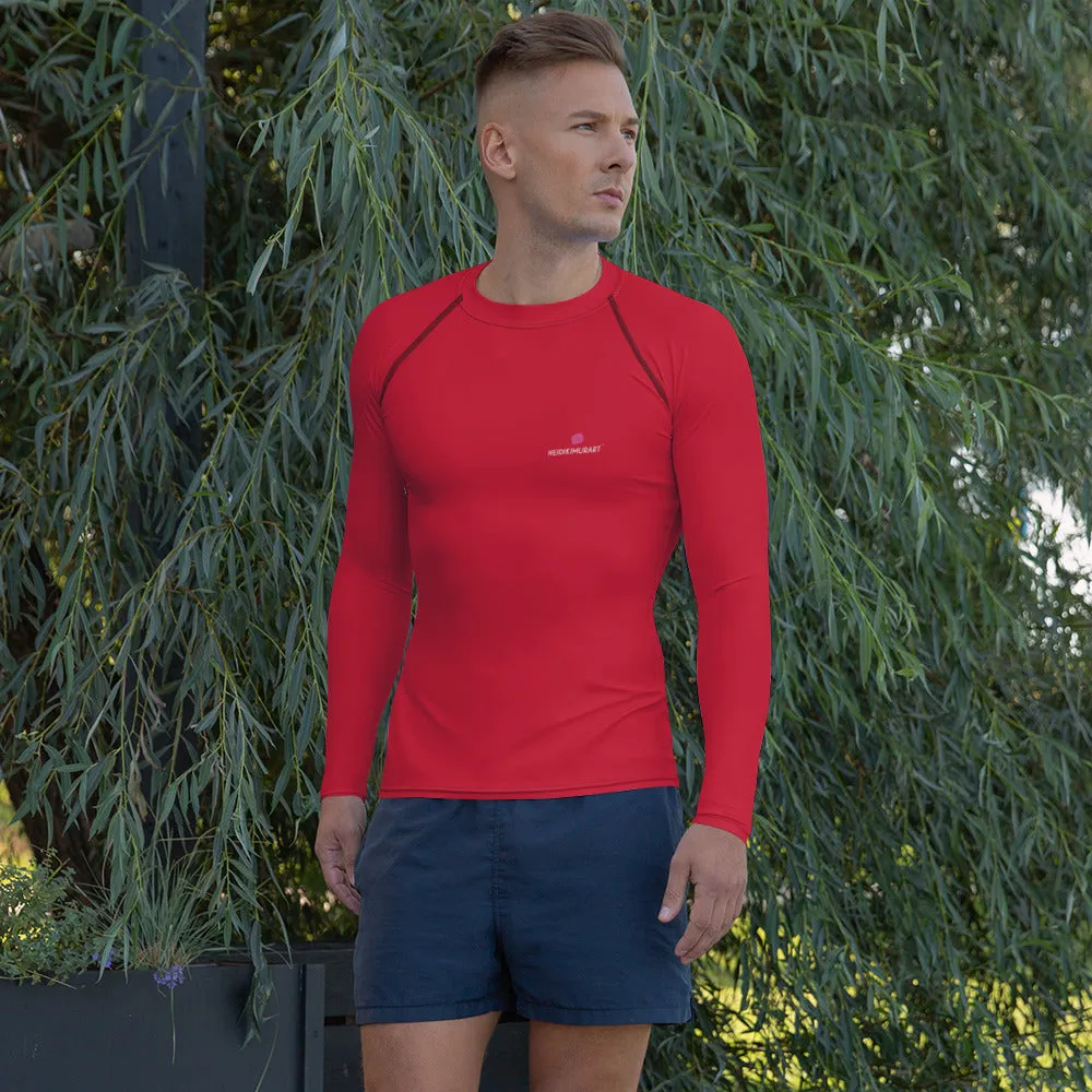 Red Solid Color Men's Top, Best Men's Rash Guard UPF 50  Long Sleeves Designer Polyester Spandex Sportswear