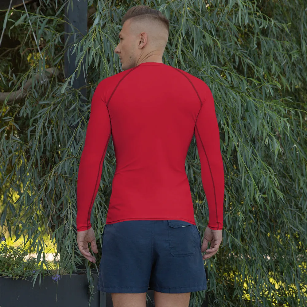 Red Solid Color Men's Top, Best Men's Rash Guard UPF 50  Long Sleeves Designer Polyester Spandex Sportswear