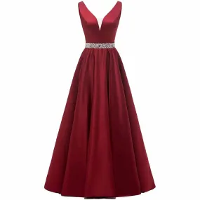 Satin Ball Gowns A-Line Glitter Evening Dress Women's Wedding Long V-neck Prom Dress