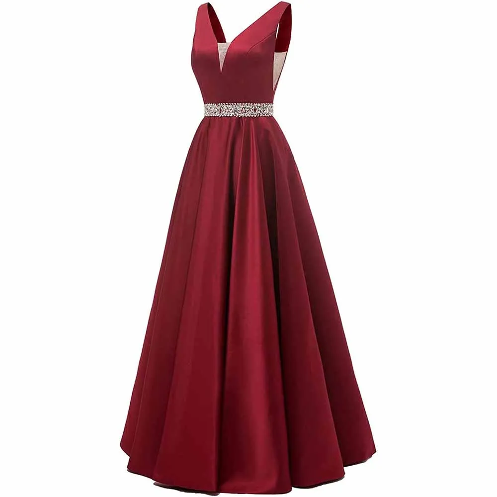 Satin Ball Gowns A-Line Glitter Evening Dress Women's Wedding Long V-neck Prom Dress