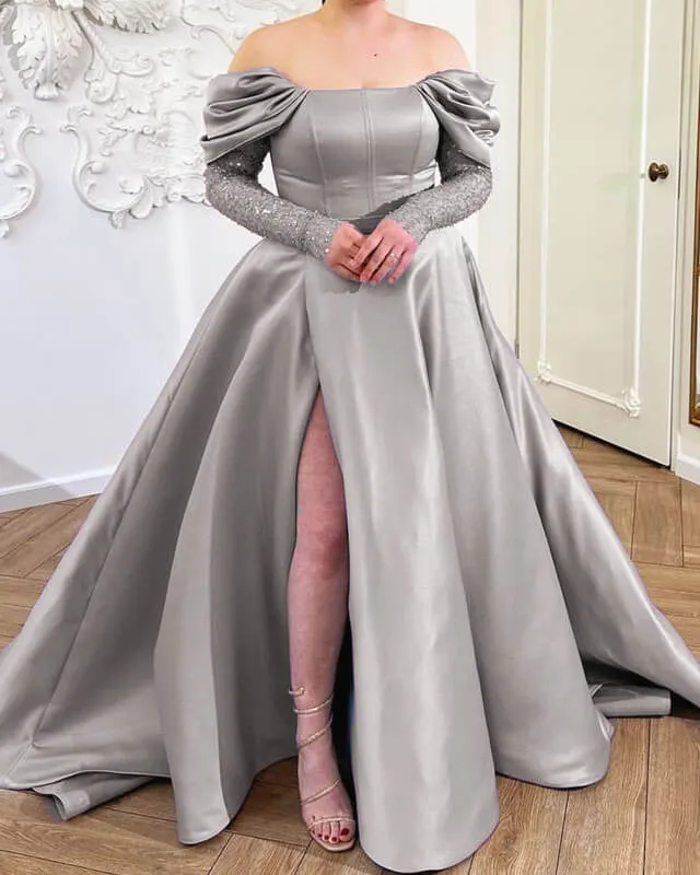 Silver Off Shoulder Split Satin Dress With Sleeves A-Line Sequins Prom Dresses