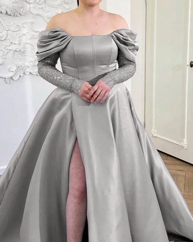 Silver Off Shoulder Split Satin Dress With Sleeves A-Line Sequins Prom Dresses