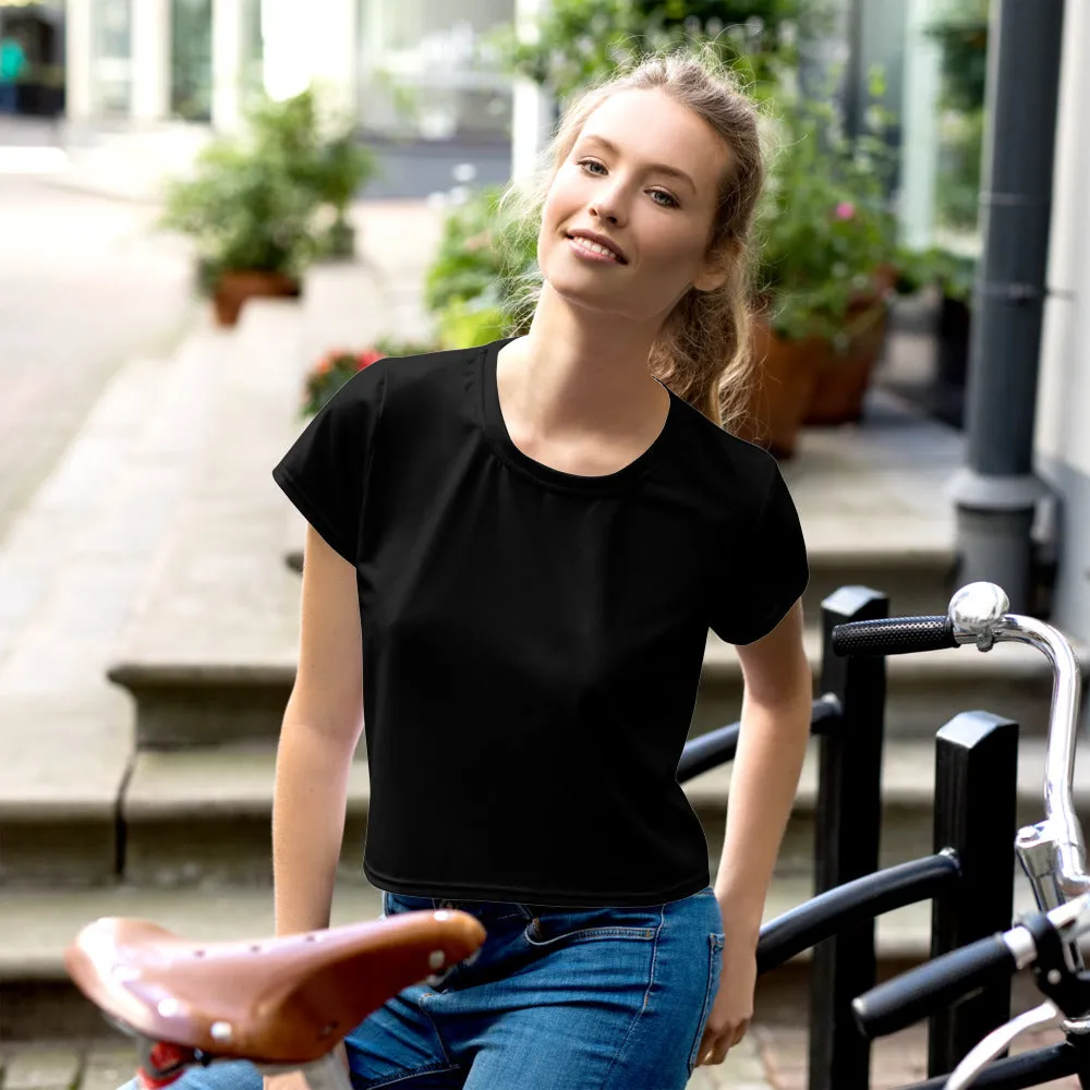 Solid Black Minimalist Crop Tee, Women's Black Crop Short Best T-Shirt-Made in USA/EU