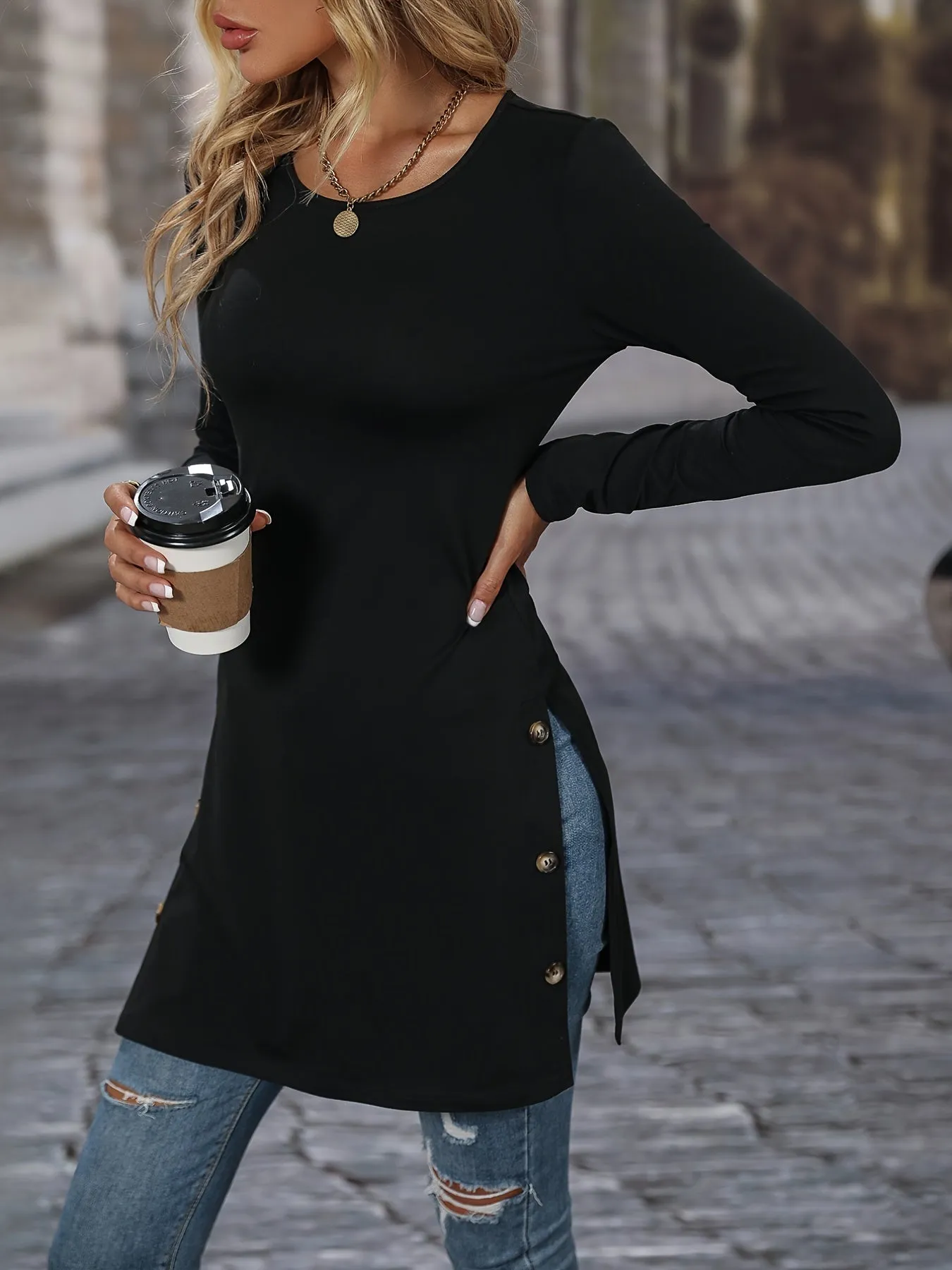 Solid Color Crew Neck Long Sleeve Middle Length Slit Hem T-Shirts