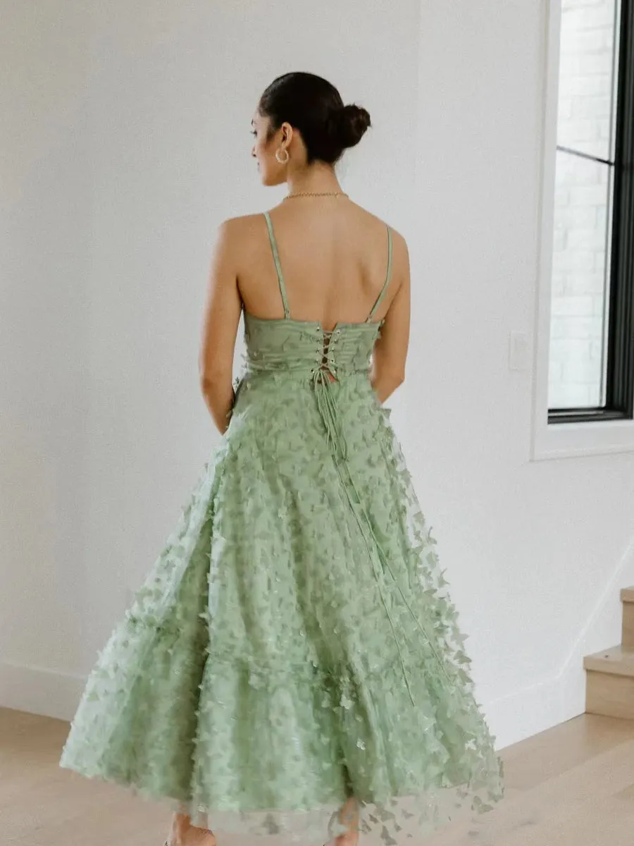 Spaghetti Sage Green 3D Butterflies Tea Length Prom Dresses, A-line Prom Dresses, Newest Prom Dresses, Affordable Prom Dresses, Party Dresses