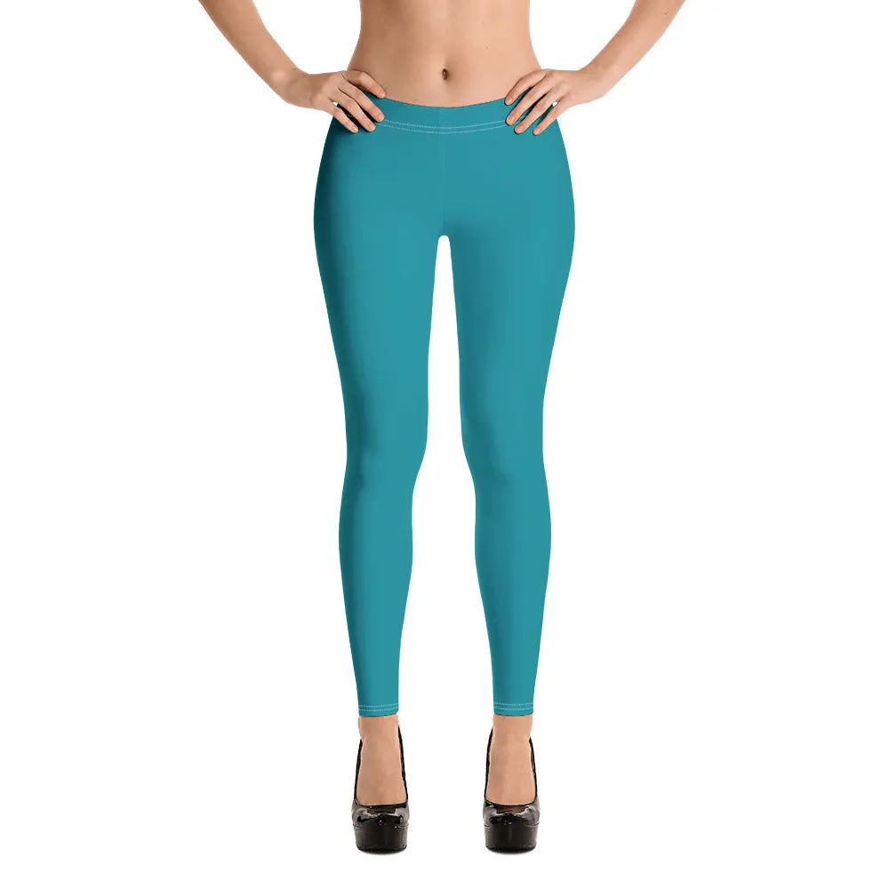 Teal Blue Women's Casual Leggings, Solid Color Premium Quality Long Tights-Made in USA/EU