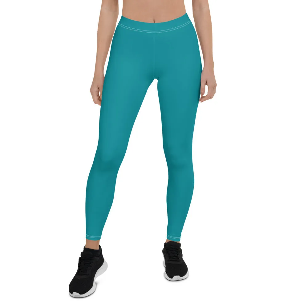 Teal Blue Women's Casual Leggings, Solid Color Premium Quality Long Tights-Made in USA/EU