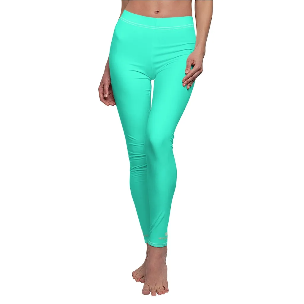 Turquoise Blue Women's Leggings, Bright Solid Color Dressy Long Casual Leggings- Made in USA