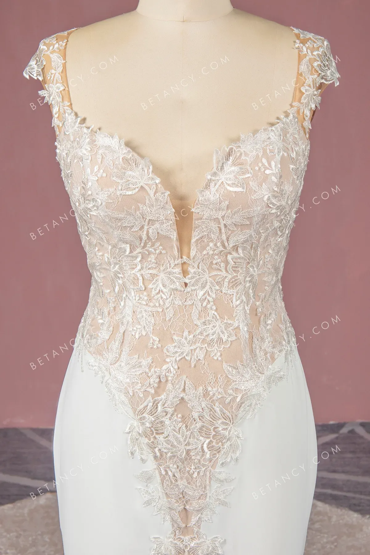 Vintage Partial Nude Lining Lace & Satin Wedding Dress