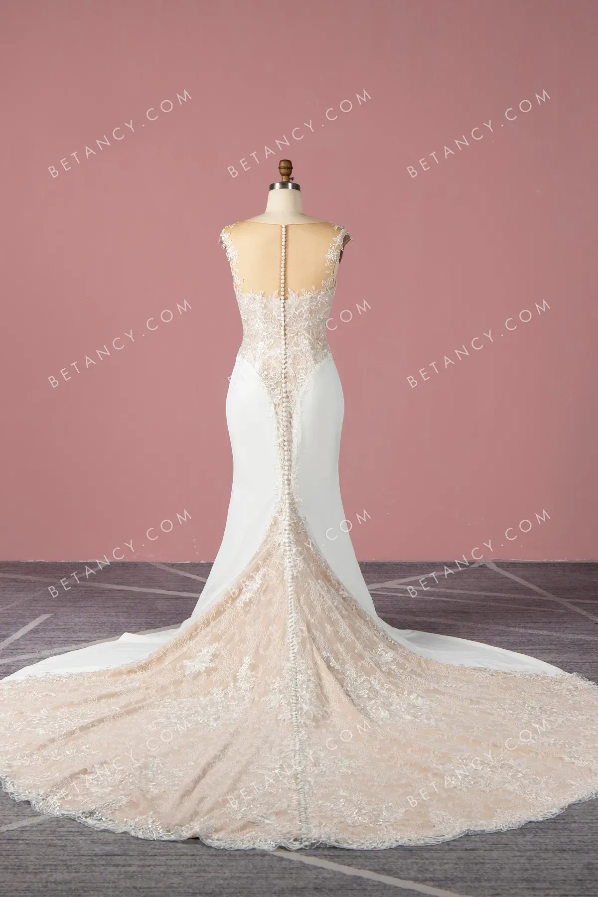 Vintage Partial Nude Lining Lace & Satin Wedding Dress