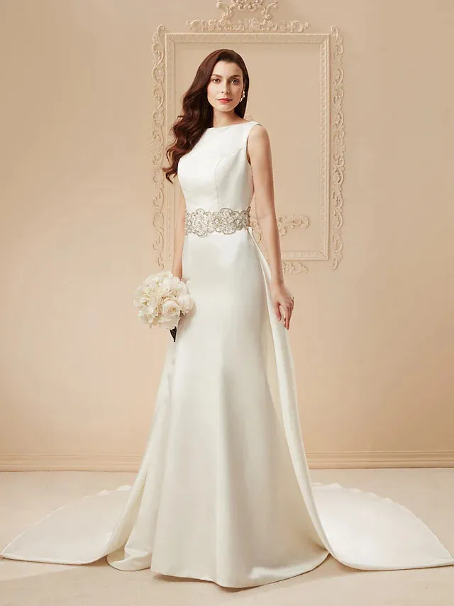 Wedding Dresses Cathedral  Trumpet Regular Straps Bateau Neck Satin With Beading