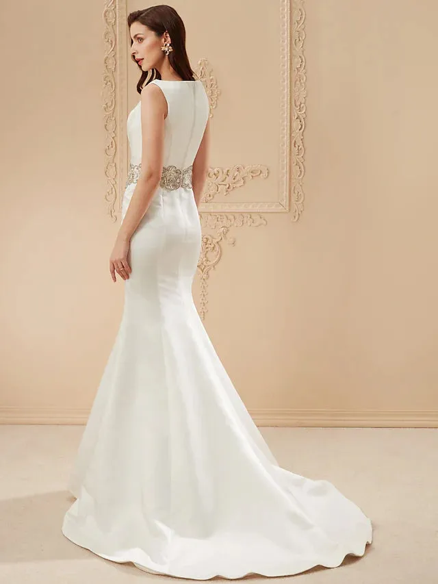 Wedding Dresses Cathedral  Trumpet Regular Straps Bateau Neck Satin With Beading