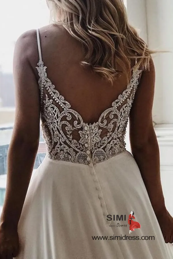 White Chiffon A-line V-neck Lace Spaghetti Straps Sweep Train Wedding Dress, SP447