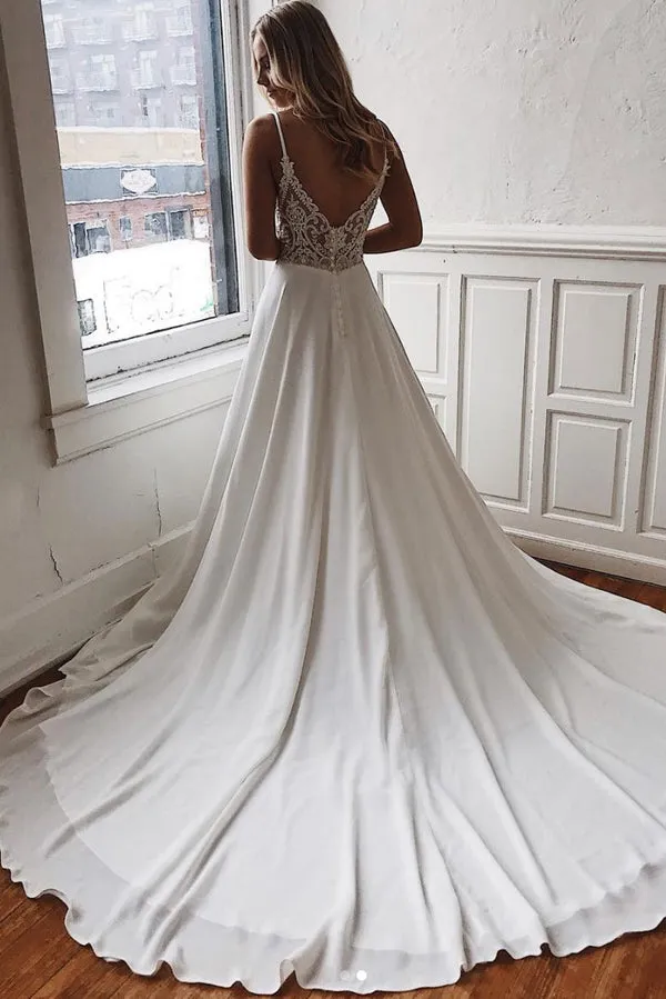 White Chiffon A-line V-neck Lace Spaghetti Straps Sweep Train Wedding Dress, SP447