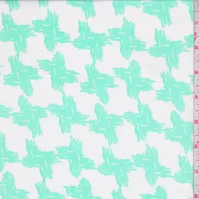 White/Sea Green Abstract Houndstooth Georgette Fabric